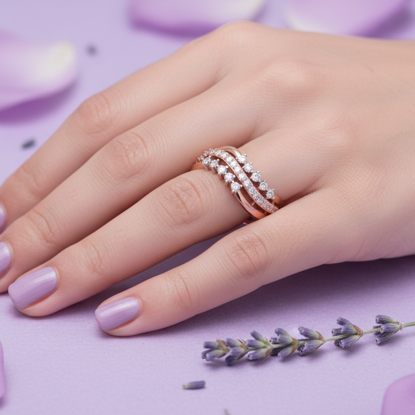 Model Hand Wearing Three-Band Wave Ring