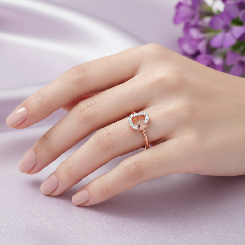 Model hand wearing triangle ring lavender