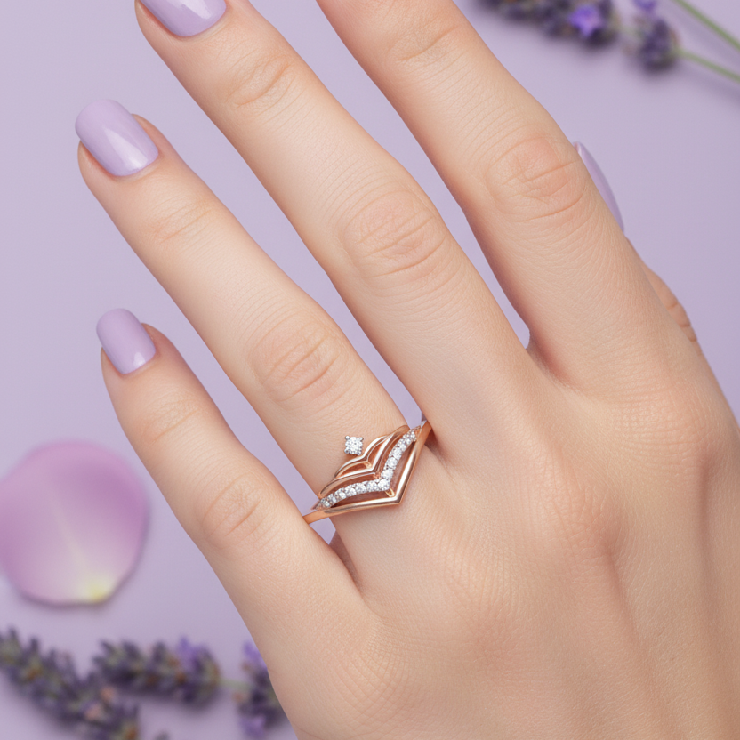 Model Hand Wearing Triple Chevron Crown Ring