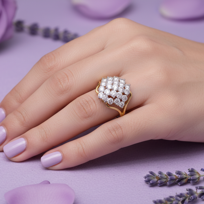 Model Hand Wearing Yellow Gold Diamond Cluster Ring