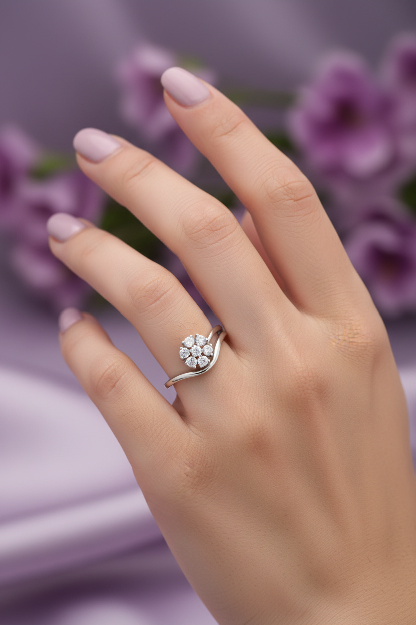 Model Hand - White Gold Flower Cluster Wave Ring Fixed