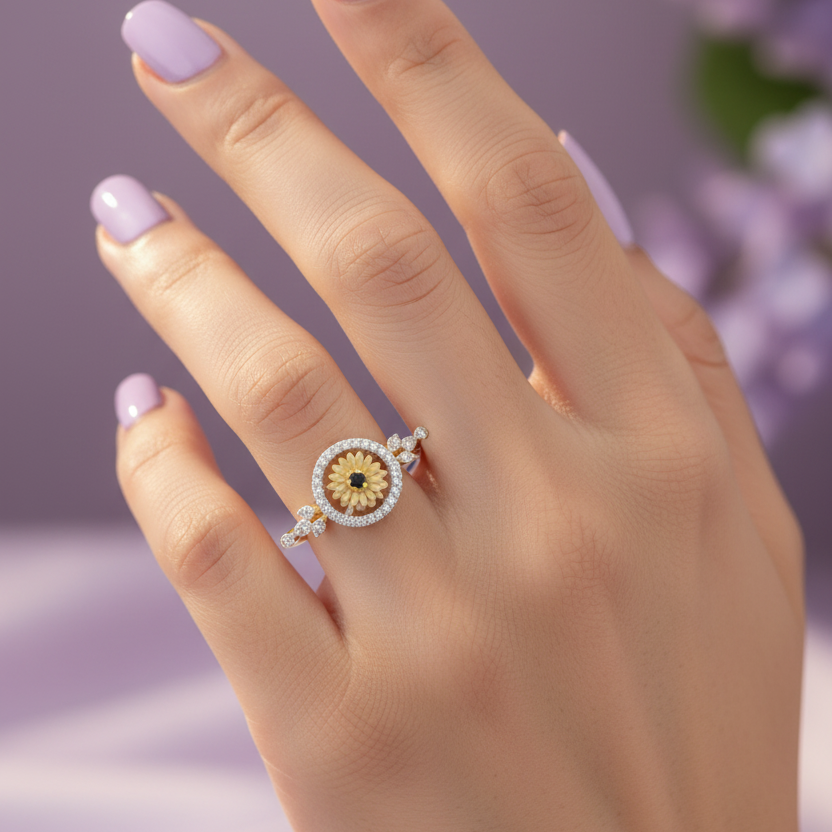 Model Hand - Yellow Gold Sunflower Halo Ring