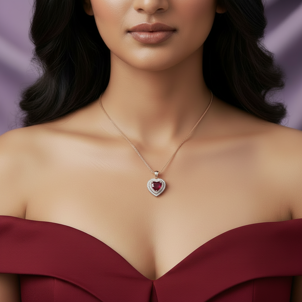 Model in Burgundy Dress - Extra Small Heart Pendant Close Up