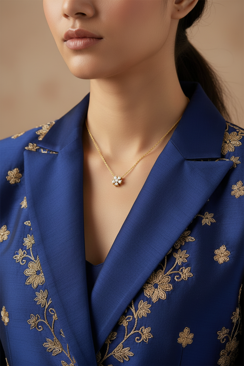 Model in ethnic fusion outfit wearing diamond cluster pendant