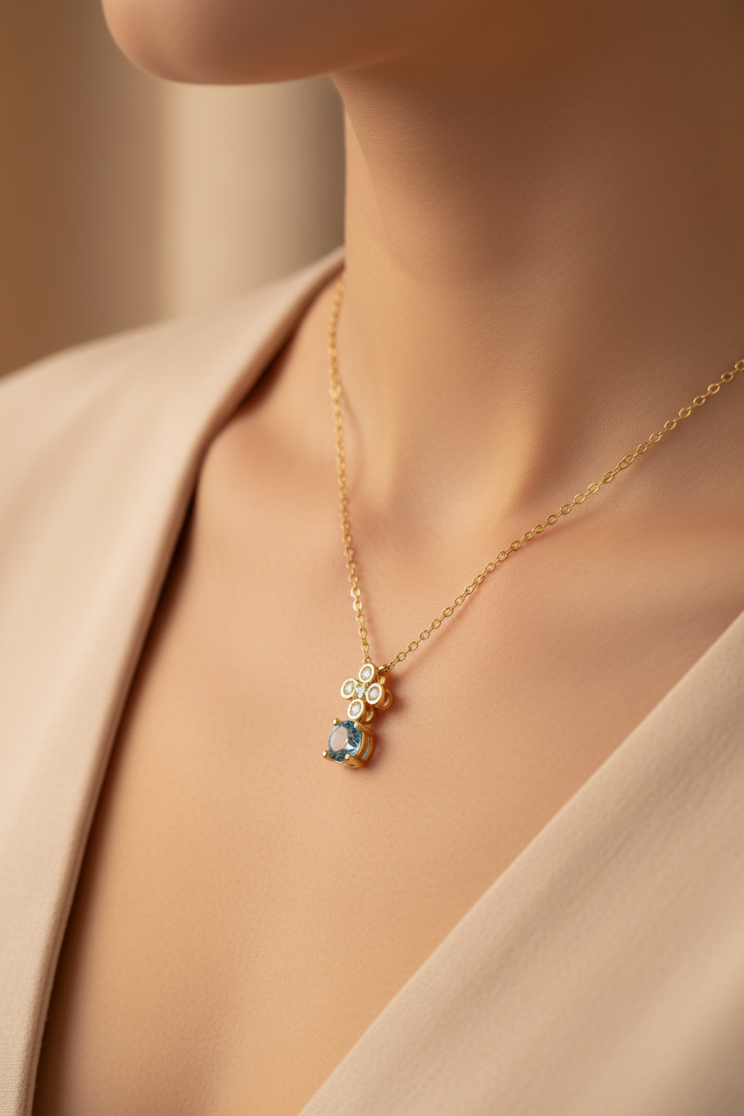 Model Wearing Aquamarine Necklace