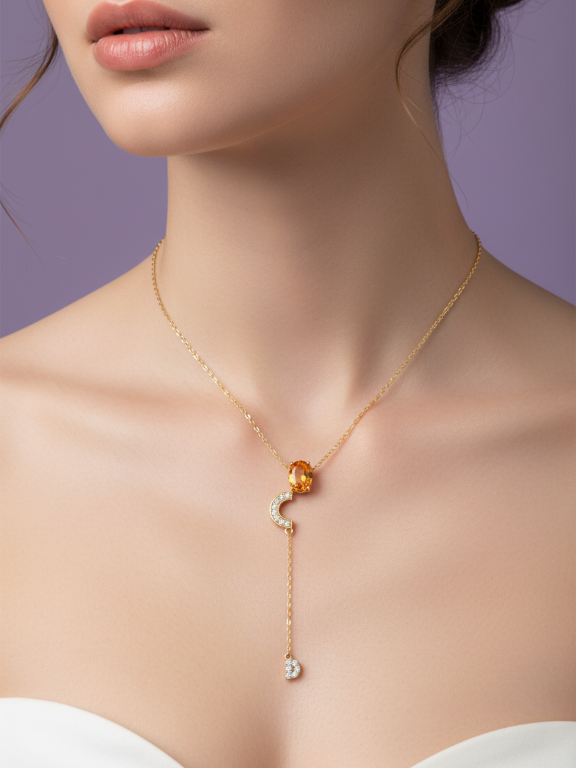 Model Wearing Gold Y-Drop Necklace