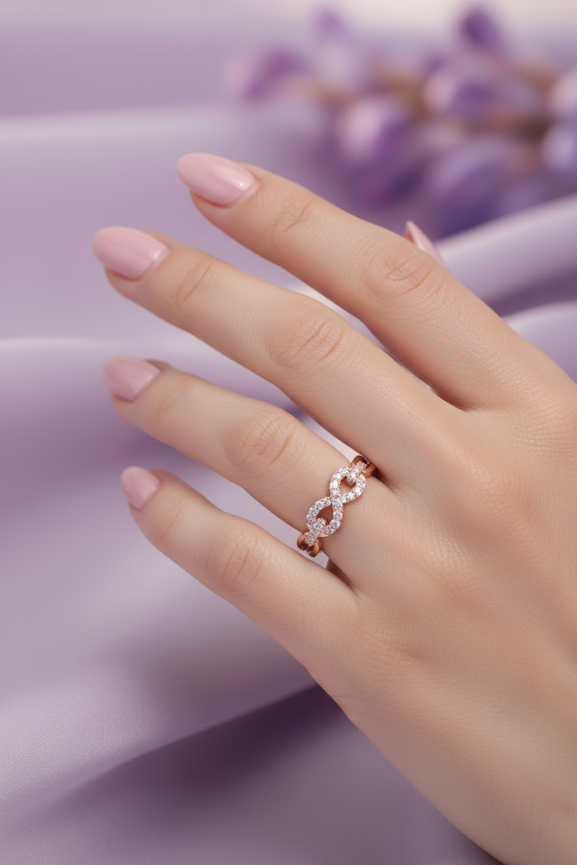 Model Wearing Rose Gold Infinity Ring
