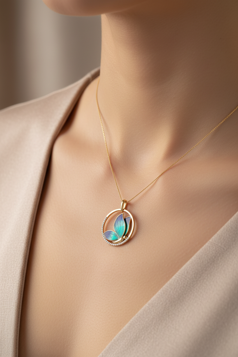 Model Wearing Smaller Butterfly Necklace