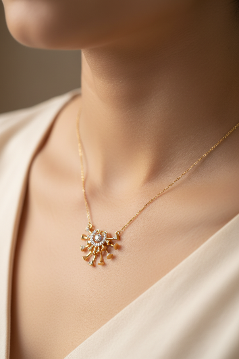 Model Wearing Tiny Sunburst Pendant
