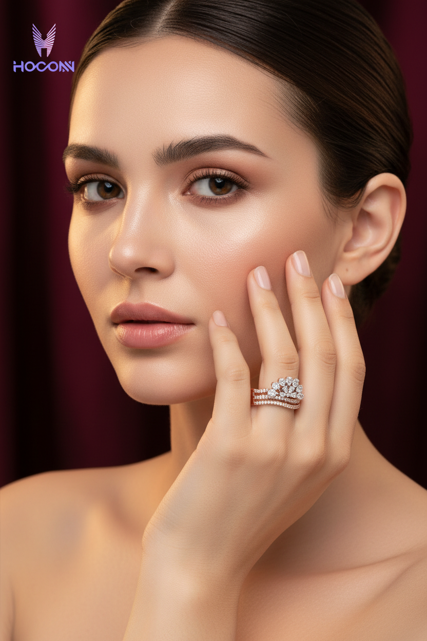 Model with smaller floral crown ring - lifestyle