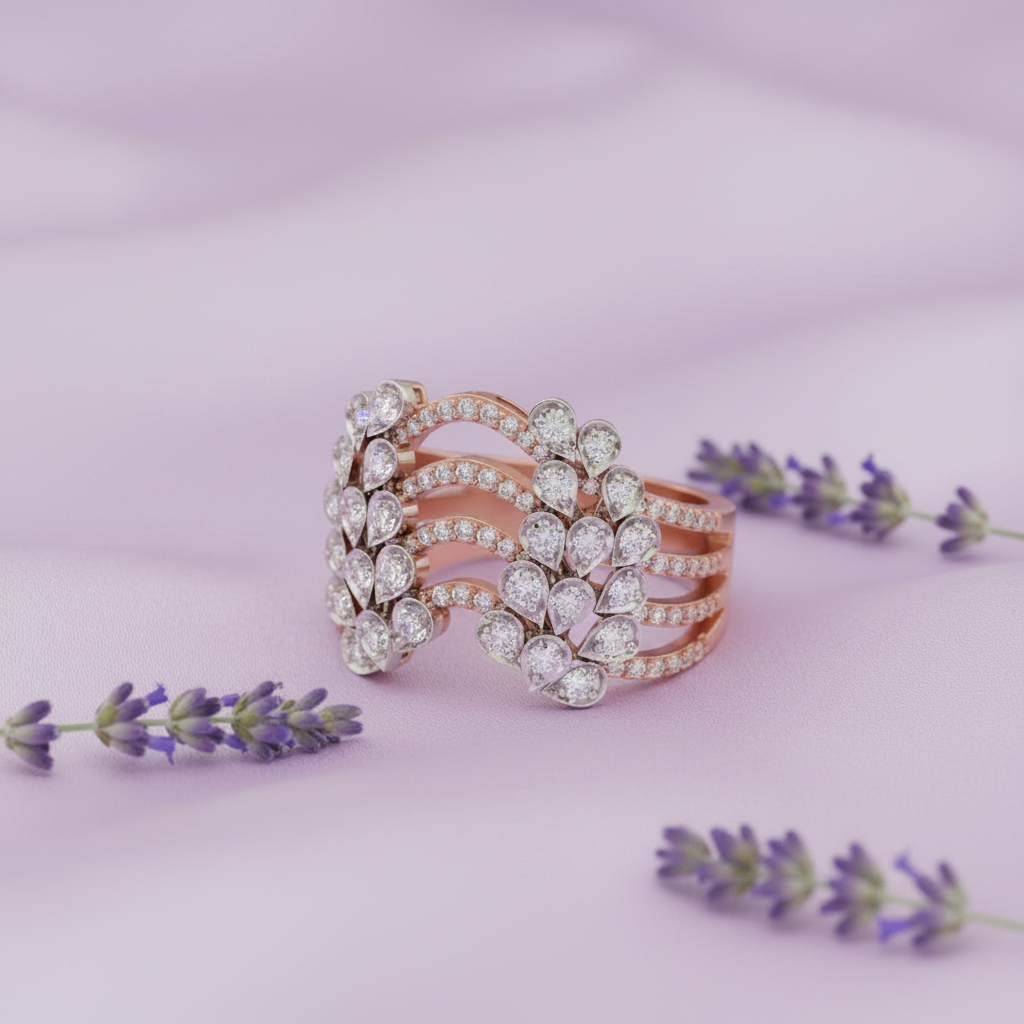 Multi-Strand Pear Diamond Leaf Ring - Lavender Silk