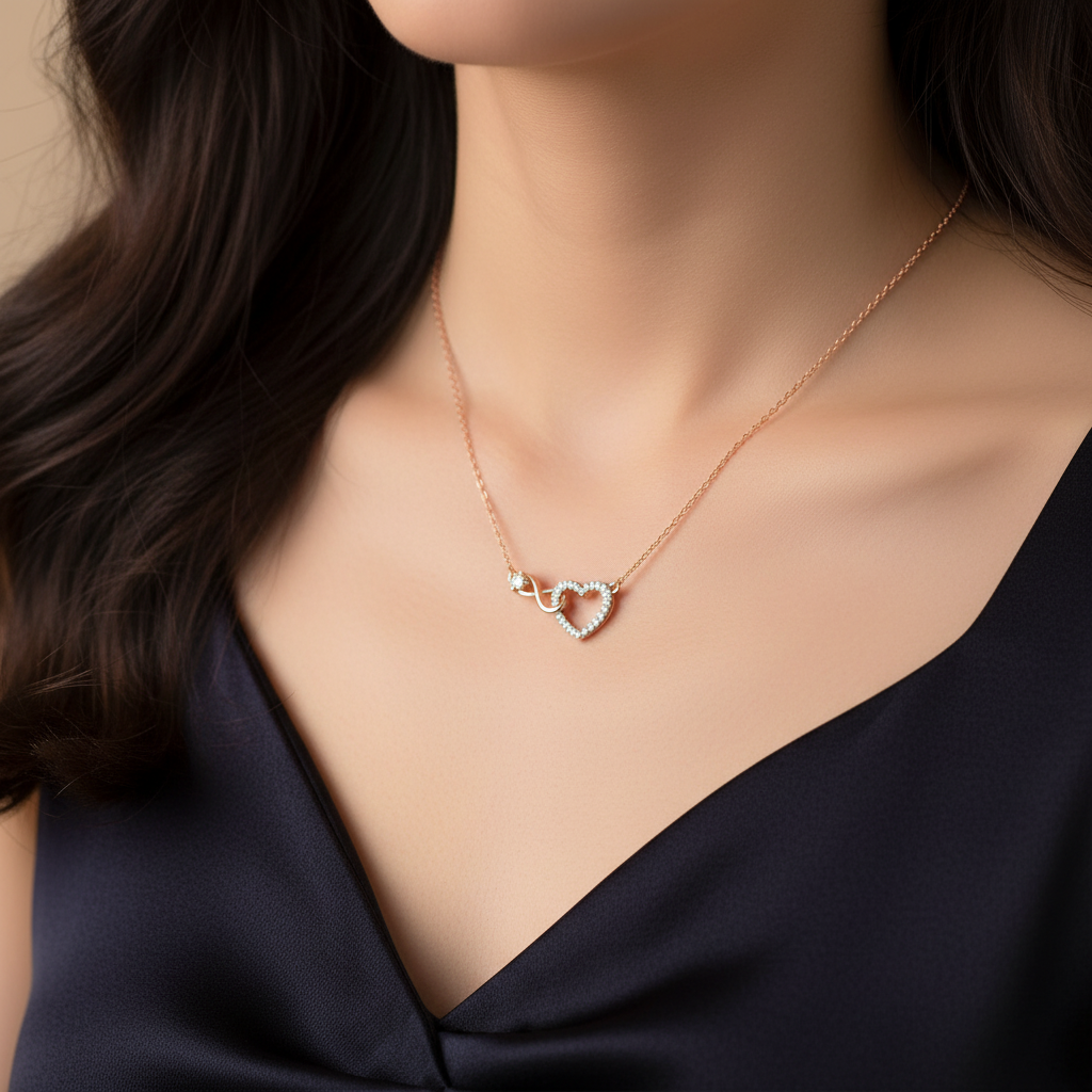 Neck wearing HPD00383A infinity heart necklace
