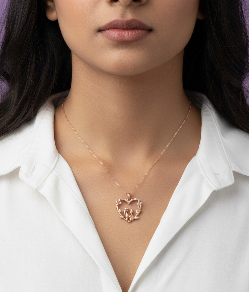Neck Wearing Tiny Rose Gold Couple Heart Pendant