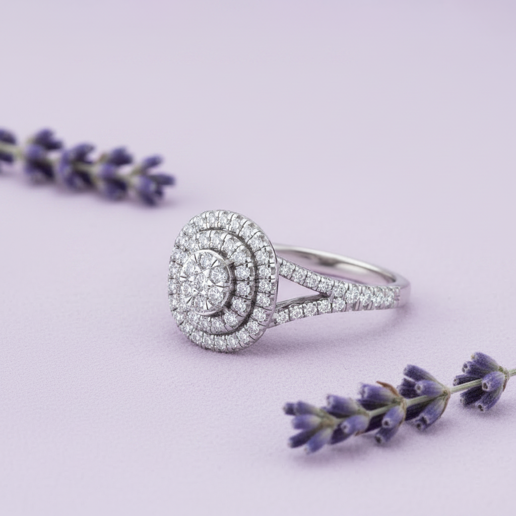 Oval Cluster Double Halo Ring - Lavender