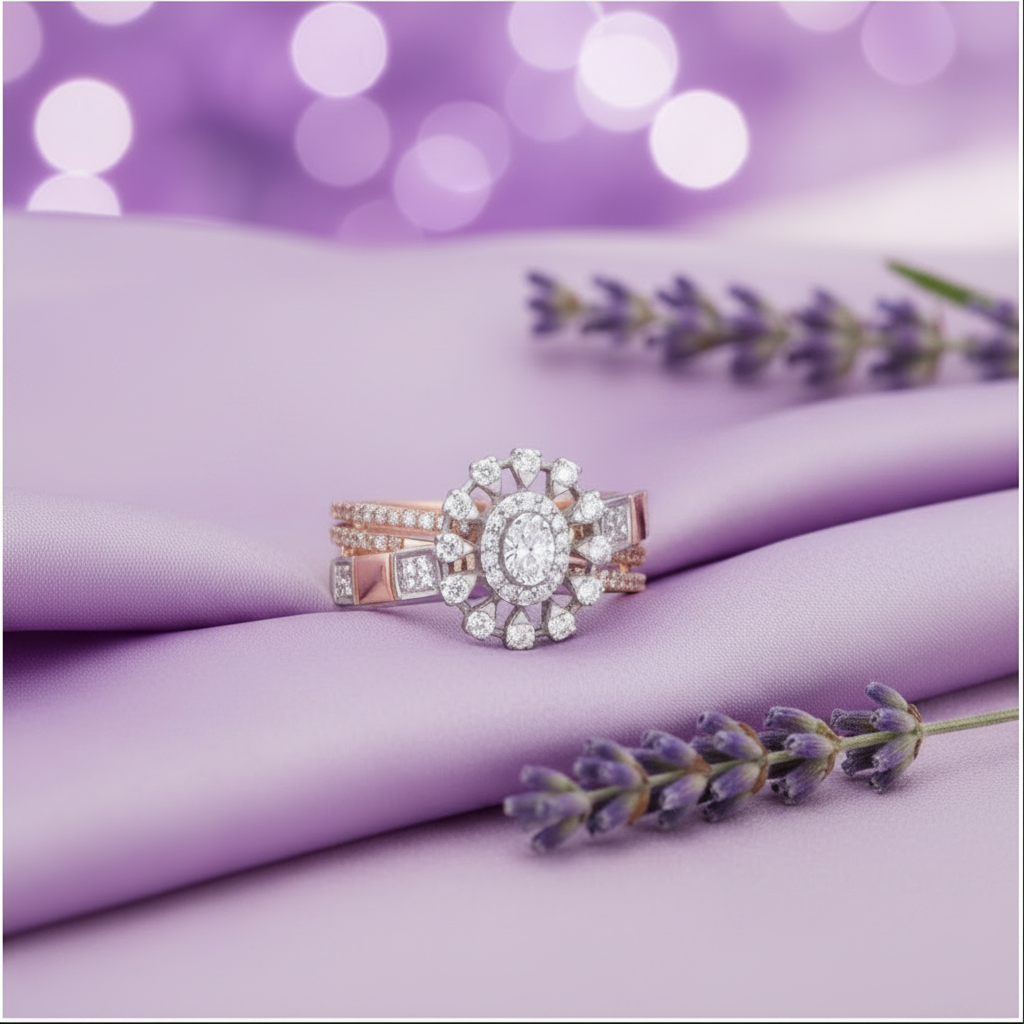 Oval Sunburst Halo Ring - Lavender Silk