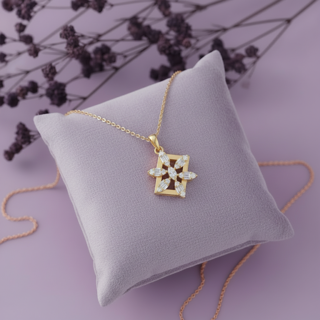 Rose Gold Geometric Pendant – Cushion Flat Lay Clean