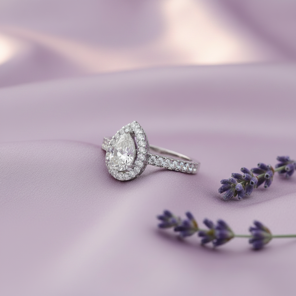 Pear Diamond Double Halo Ring - Lavender Silk