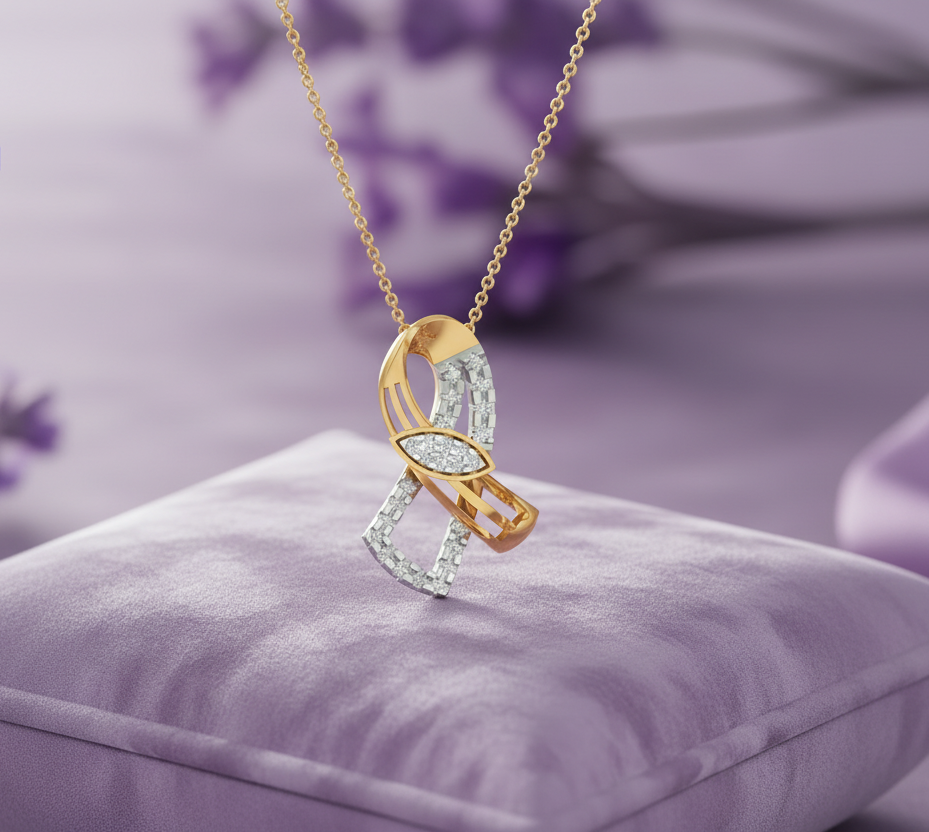 Pendant on lavender cushion - zoomed out