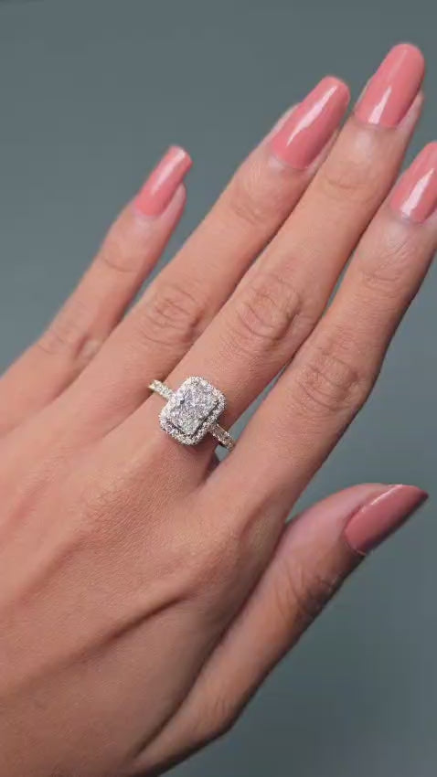 Emerald Cut Halo Diamond Silver Ring