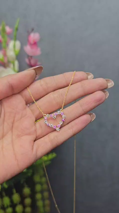 Sweet Pink Stone Heart Silver Necklace With Chain