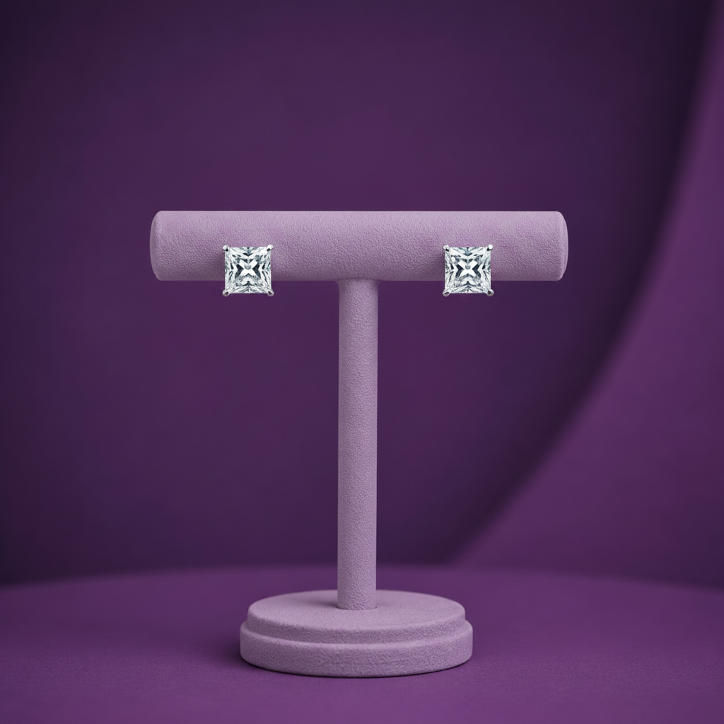 Princess Cut Solitaire Studs on Lavender Stand