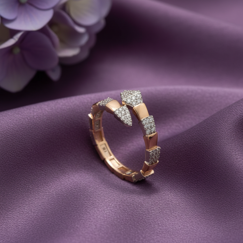 Rose gold bypass snake ring standing