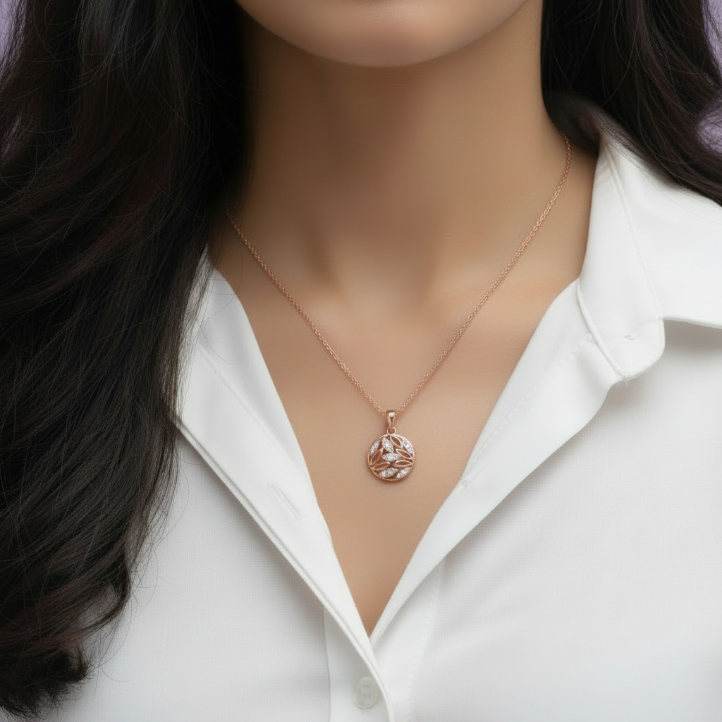 Rose Gold Circular Leaf Pendant - Close Up Neck Model