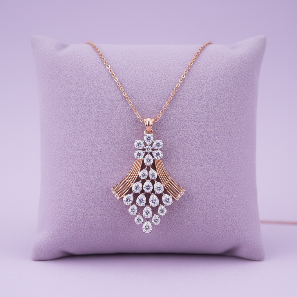 Rose gold diamond fan pendant on lavender cushion