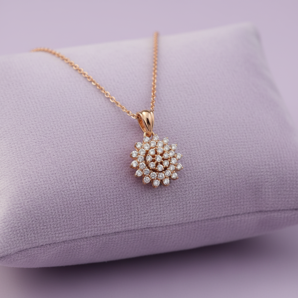 Rose gold diamond sunflower cluster pendant on lavender cushion