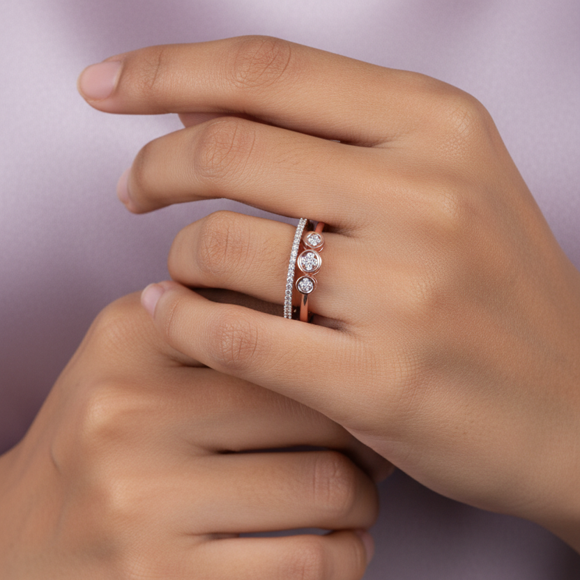 Rose Gold Double Band Ring - Full Hand Zoomed Out