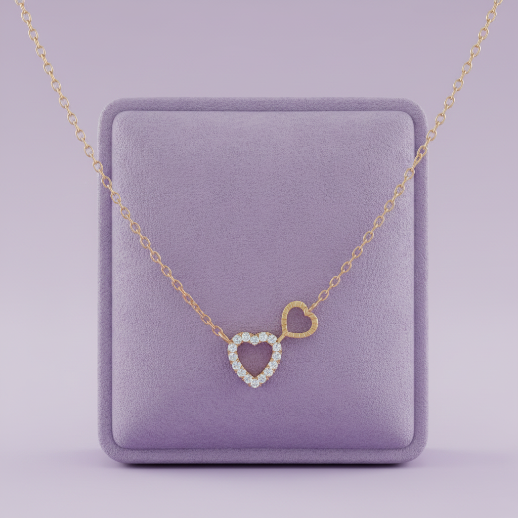Rose gold double heart pendant draped on lavender cushion prop