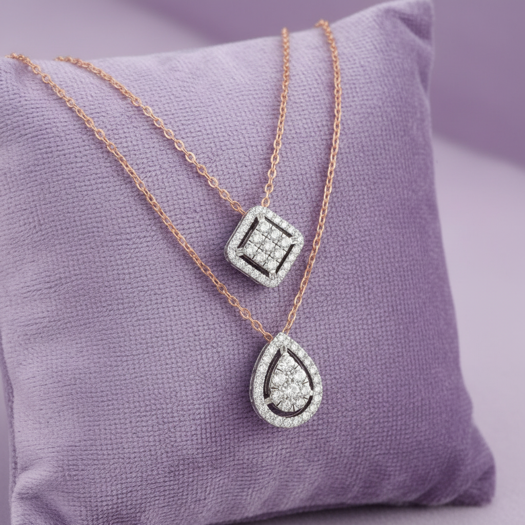 Rose gold double pendant diamond necklace square and teardrop on lavender cushion
