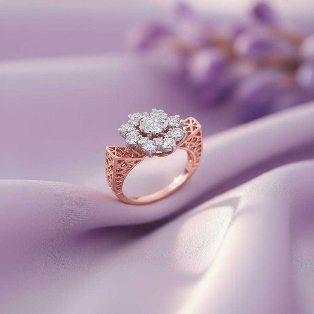 Rose Gold Filigree Diamond Flower Ring - Lavender Silk Front