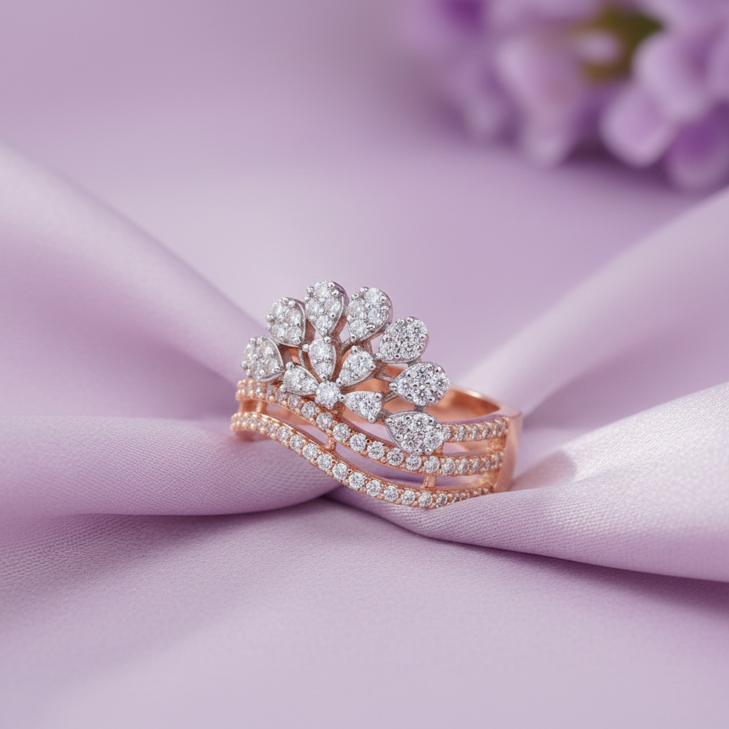 Rose Gold Floral Crown Triple Band Ring - Lavender Silk Angled