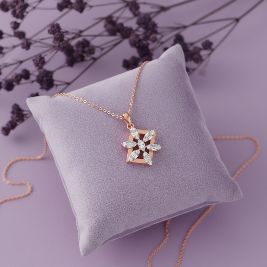 Rose Gold Geometric Pendant – Cushion Flat Lay Clean