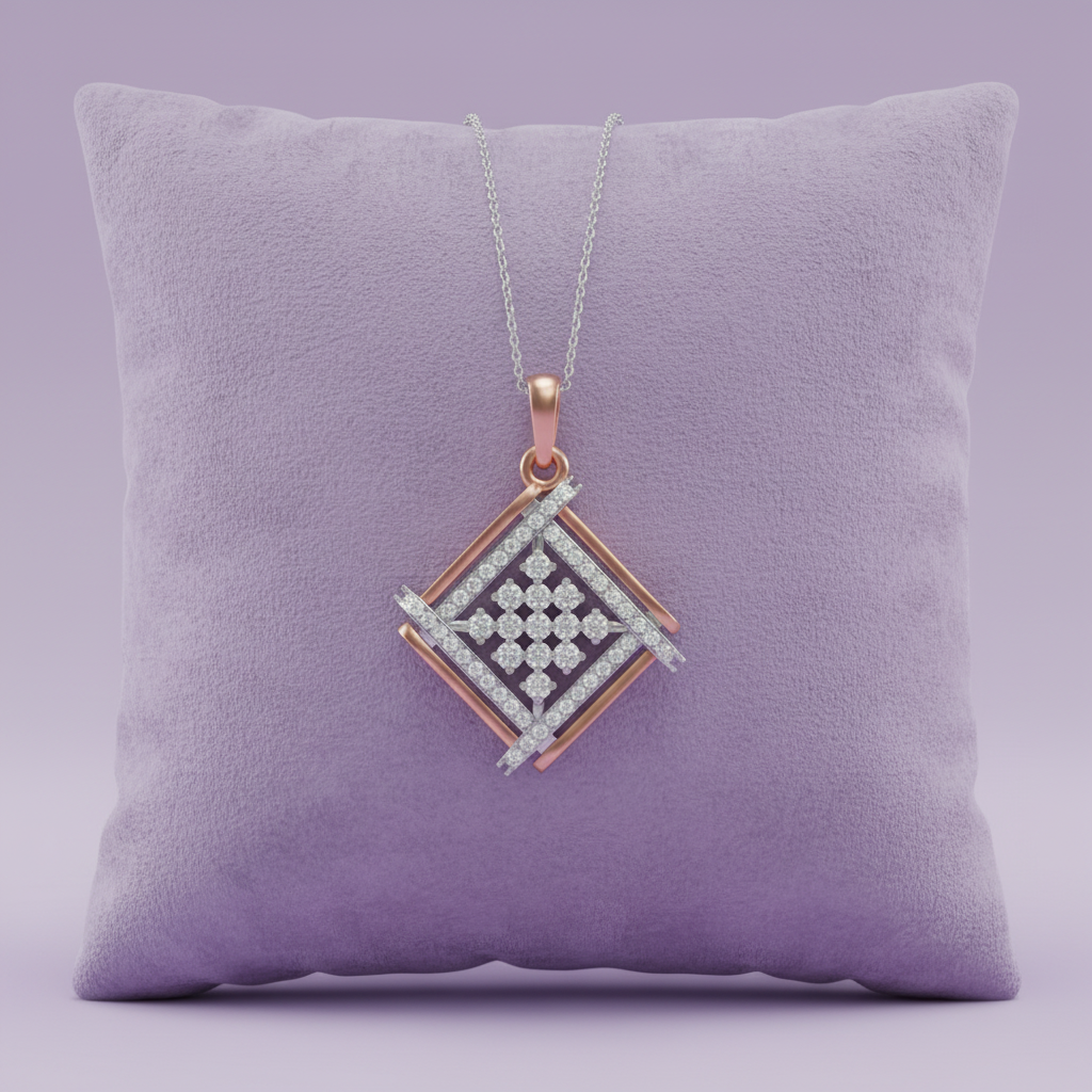 Rose gold geometric square diamond pendant on lavender cushion