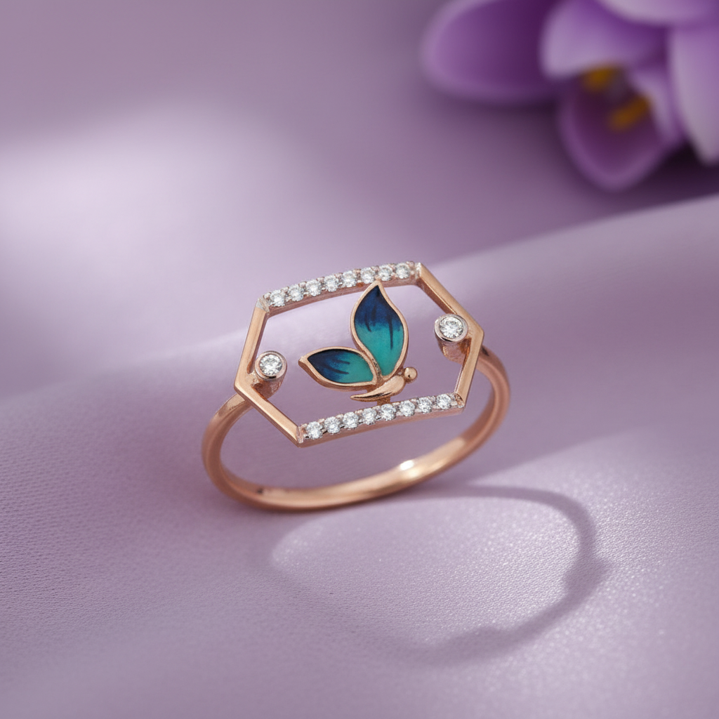 Rose Gold Hexagon Butterfly Ring - Lavender Silk Front