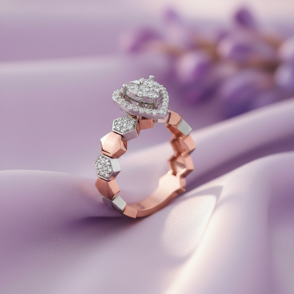 Rose Gold Hexagon Chain Ring - Lavender Silk Angled