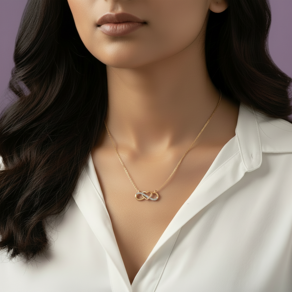 Rose Gold Infinity Heart Pendant - Extra Small Front Neck View