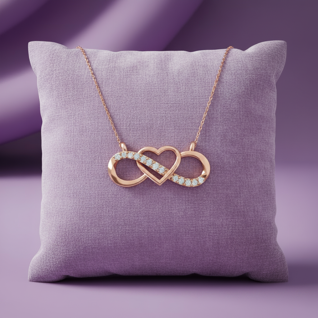 Rose Gold Infinity Heart Pendant - Same Lavender Cushion Background