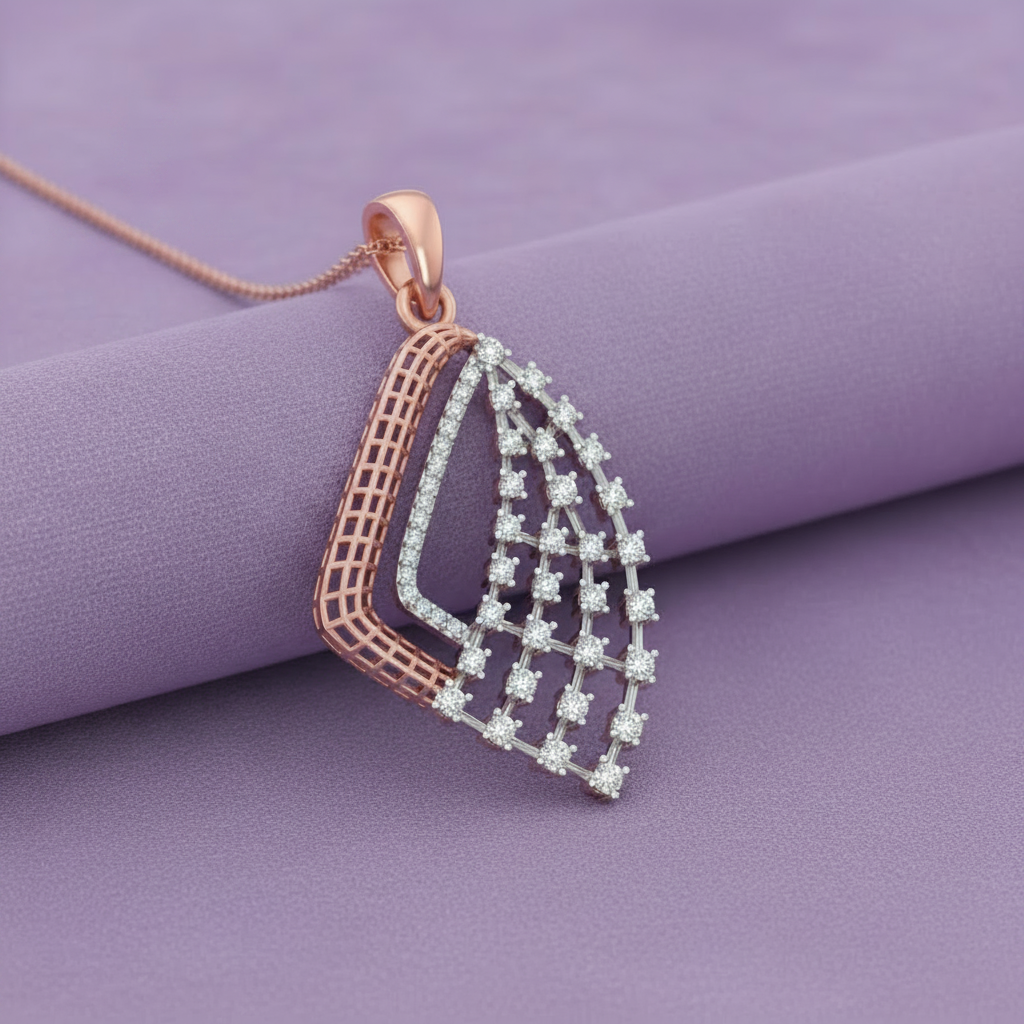 Rose gold kite diamond grid pendant on lavender cushion