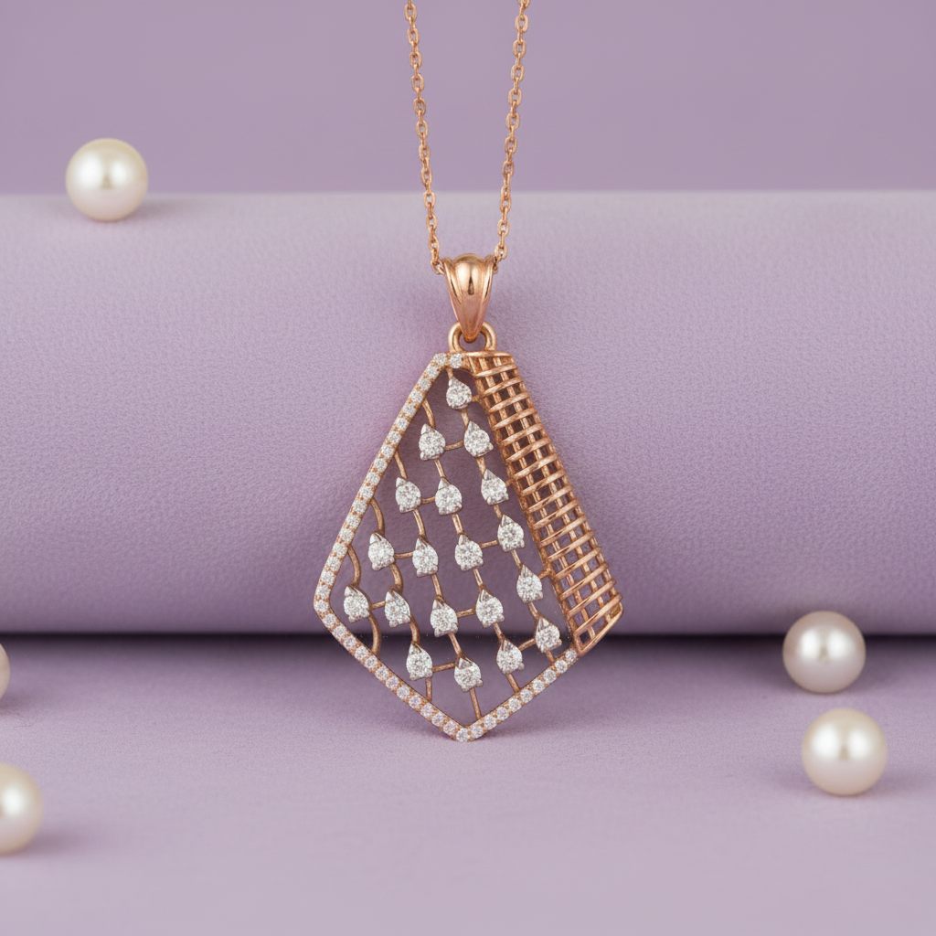 Rose gold kite diamond grid pendant with open transparent interior on lavender cushion