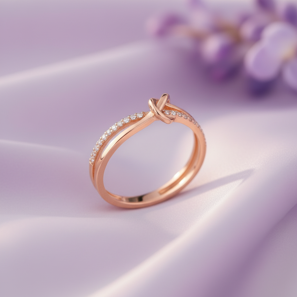 Rose Gold Love Knot Ring - Lavender Silk Angled
