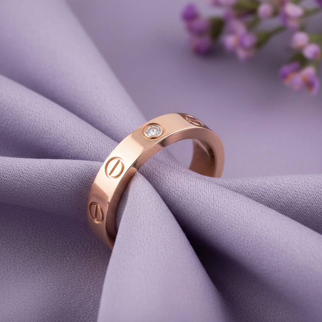 Rose gold love ring upright lavender