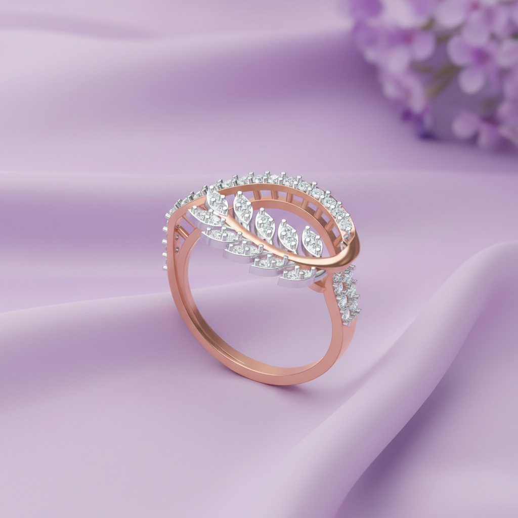 Rose Gold Oval Arc Leaf Branch Ring - Lavender Silk Angled