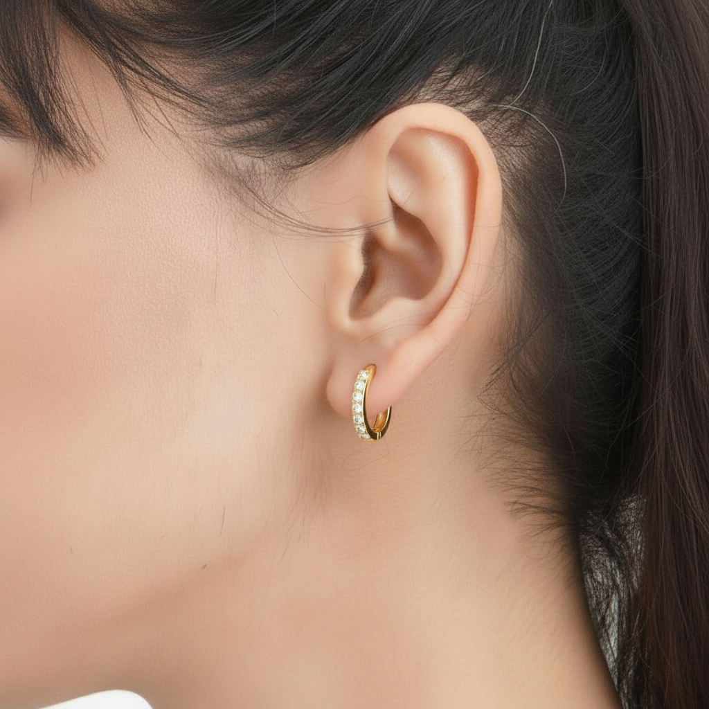 Rose Gold Pavé Huggie Hoops – Model Shot