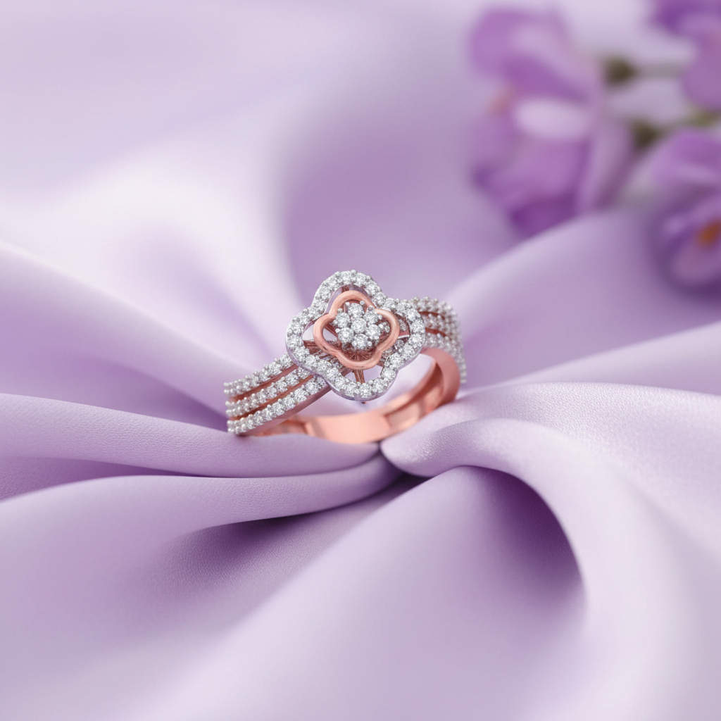 Rose Gold Quatrefoil Crossing Band Ring - Lavender Silk Front