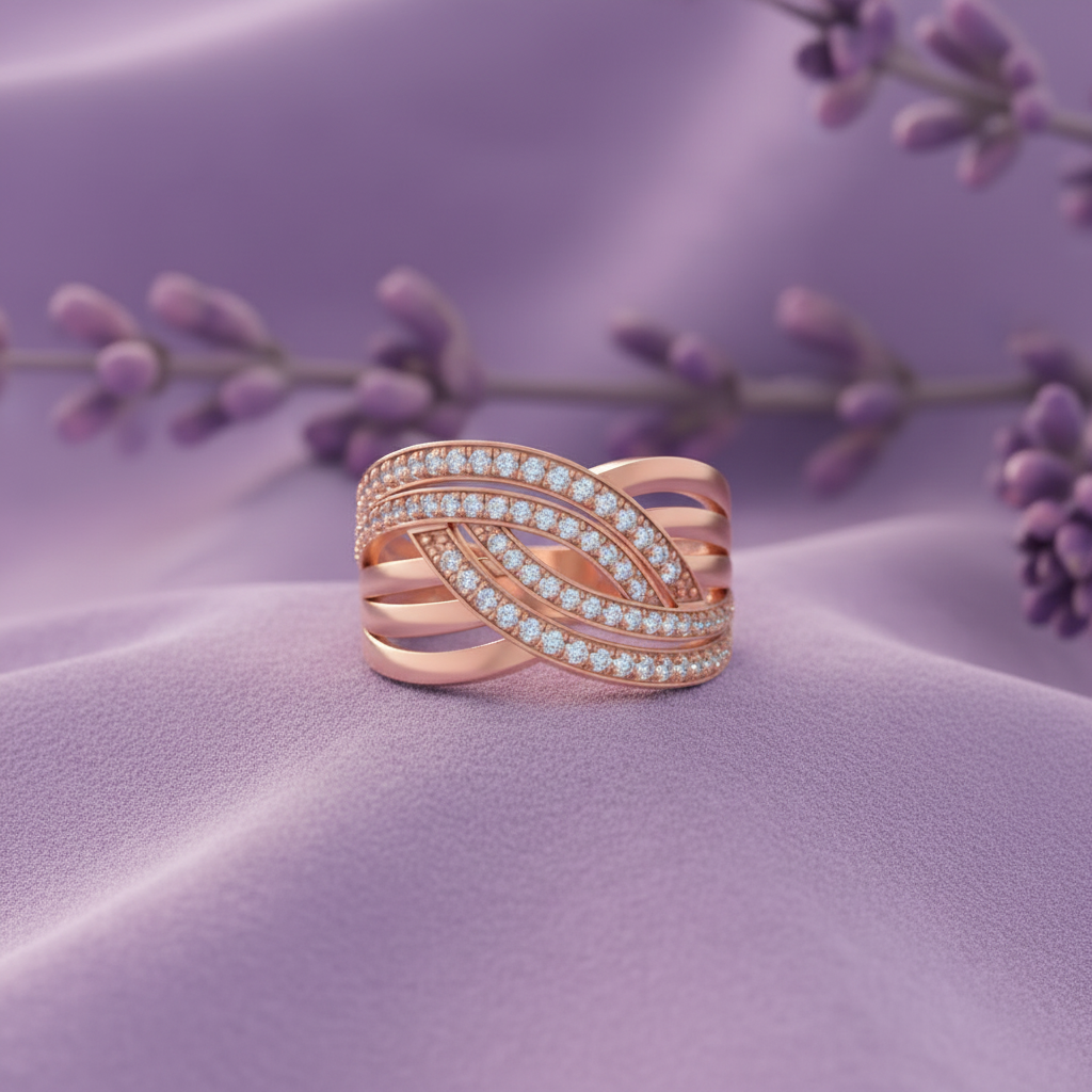 Rose gold ring flat lay lavender