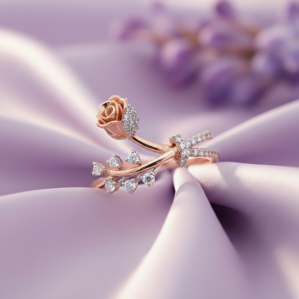 Rose Gold Rose Flower Bypass Ring - Lavender Silk Angled