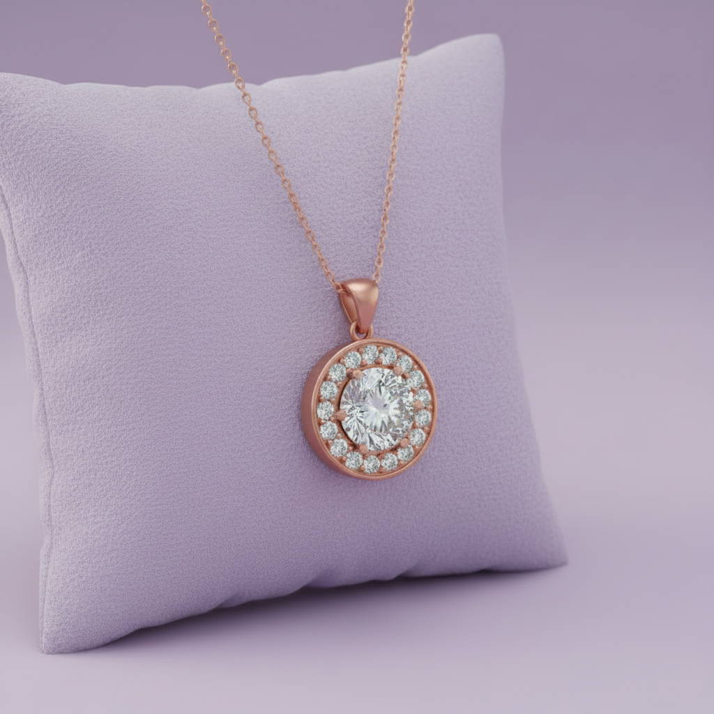 Rose gold round diamond halo pendant on lavender cushion